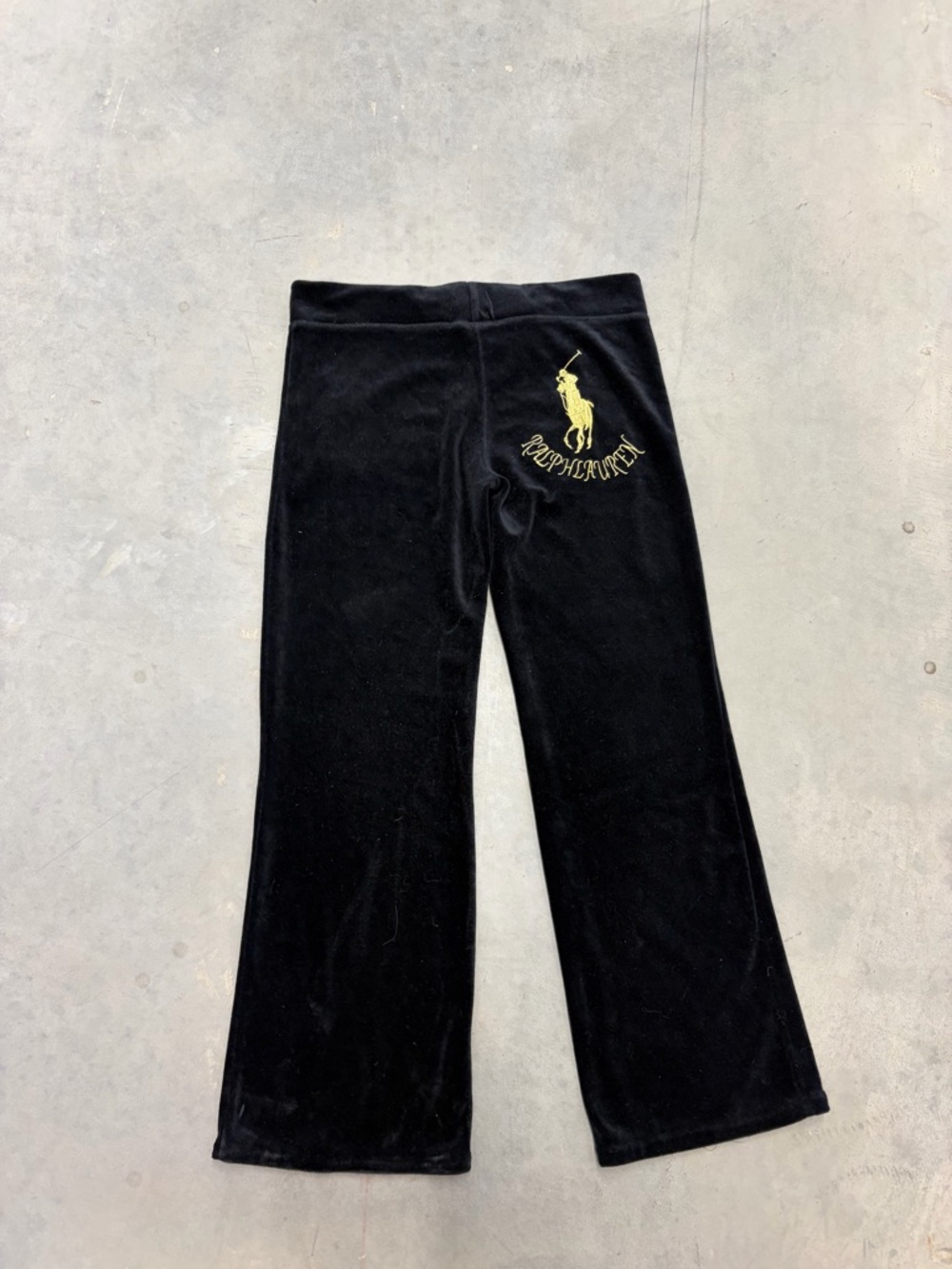 Vintage Y2K Ralph Lauren‎ Black Velour Wide-Leg Pants with Gold Polo Patch